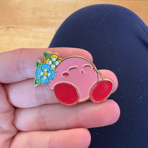 Kirby Pink and Red Enamel Pin with Floral Design - Picture 1 of 2